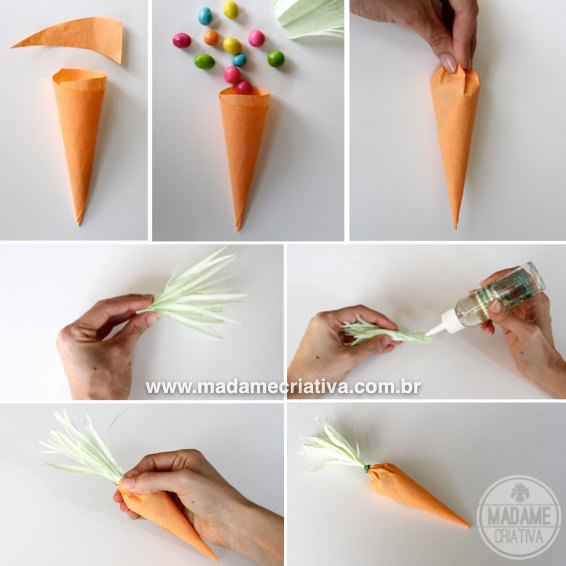 Paper carrots filled with candies - Easy and cute DIY project for easter! - Lembrancinha de cenoura com doces - Artesanato fácil para páscoa! - #easter #pascoa #Páscoa #paper #papel #cenoura #carrot