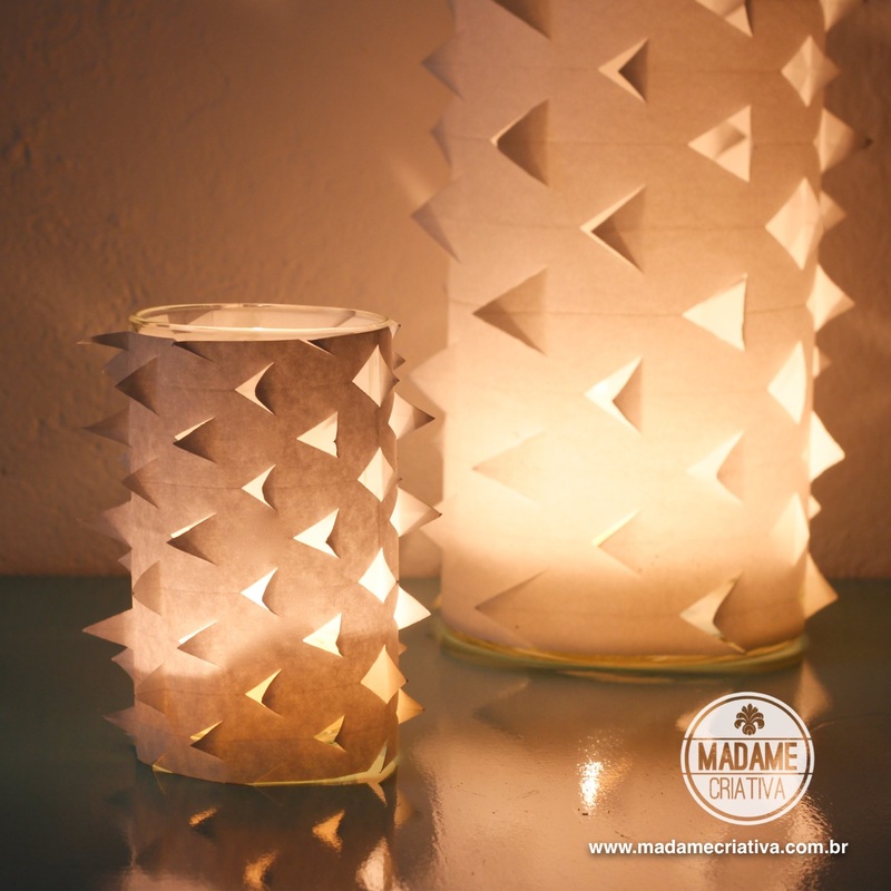 Como fazer porta velas biquinho-  Passo a passo com fotos - How to make a paper and glass candle lamp - DIY tutorial  - Madame Criativa - www.madamecriativa.com.br