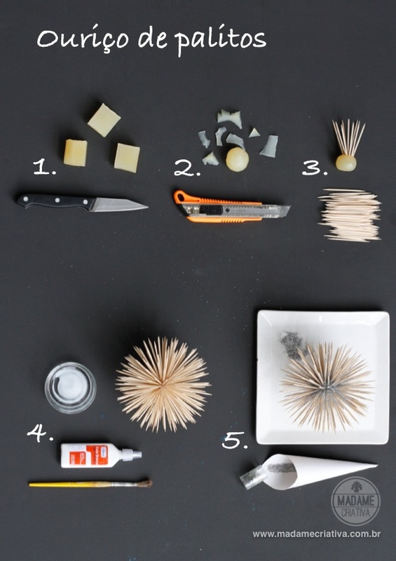 Material e Como fazer ouriço de palitos -  Passo a passo com fotos - Material and How make sea hedgehog using sticks- DIY tutorial  - Madame Criativa - www.madamecriativa.com.br