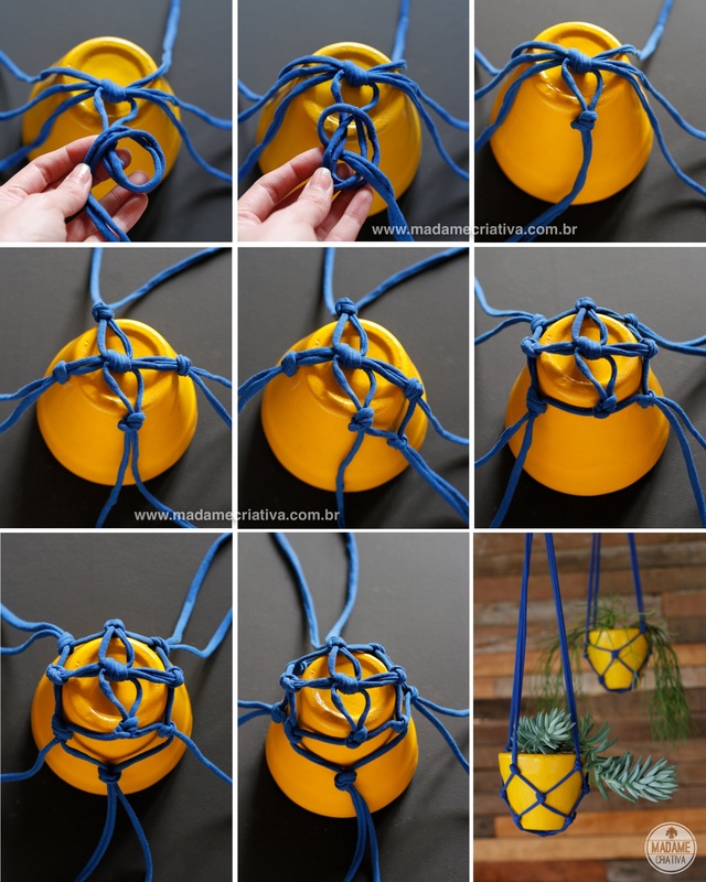 Como fazer vasos pendurados com tiras de malha -  Passo a passo com fotos - How to make a support for vases using fabric strips - DIY tutorial  - Madame Criativa - www.madamecriativa.com.br