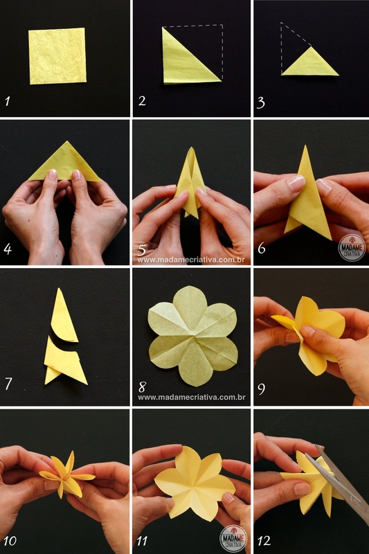 dobrando e colando -- Como fazer Narcisos de papel-  Passo a passo com fotos - How to make paper flowers / daffodils - DIY tutorial  - Madame Criativa - www.madamecriativa.com.br